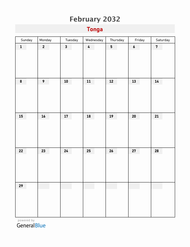 Tonga February 2032 Calendar with Holidays
