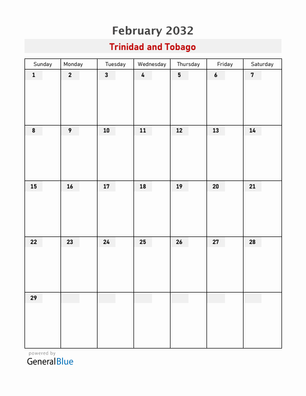 Trinidad and Tobago February 2032 Calendar with Holidays