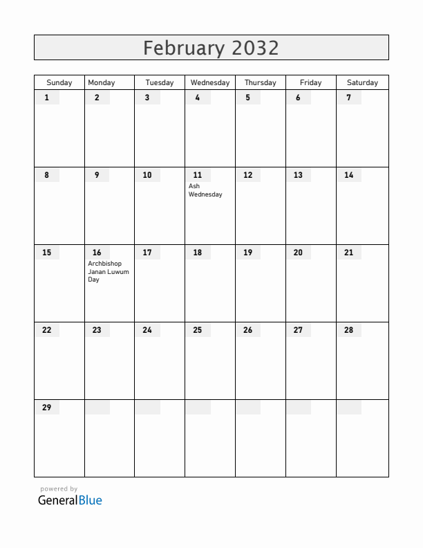 Uganda February 2032 Calendar with Holidays