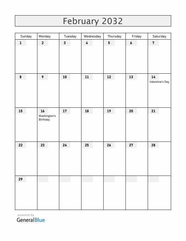 United States February 2032 Calendar with Holidays