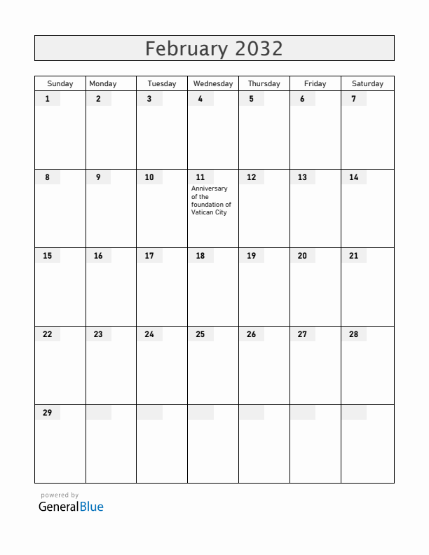 Vatican February 2032 Calendar with Holidays