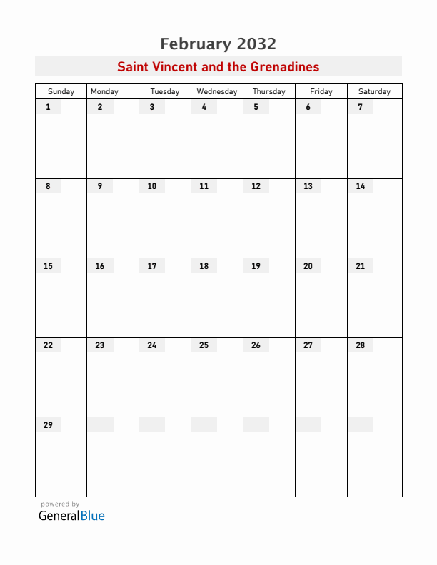 Saint Vincent and the Grenadines February 2032 Calendar with Holidays