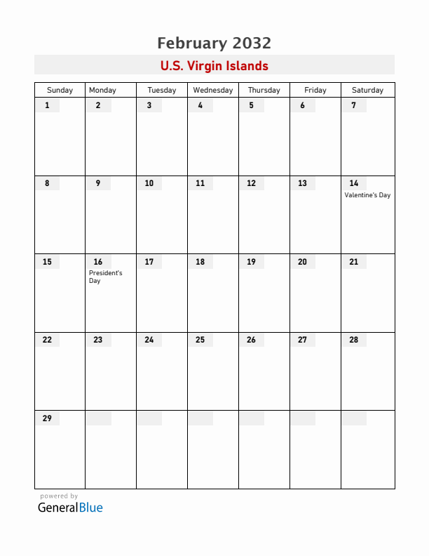 U.S. Virgin Islands February 2032 Calendar with Holidays