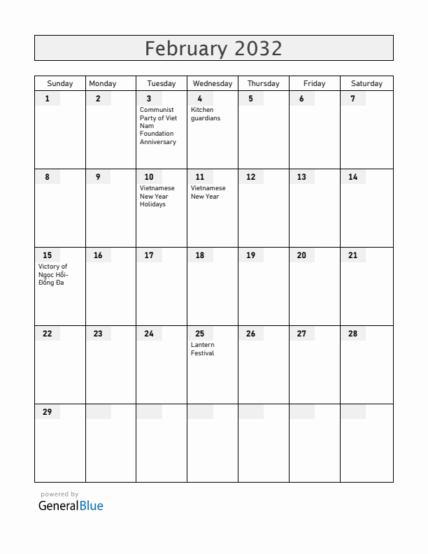 Vietnam February 2032 Calendar with Holidays