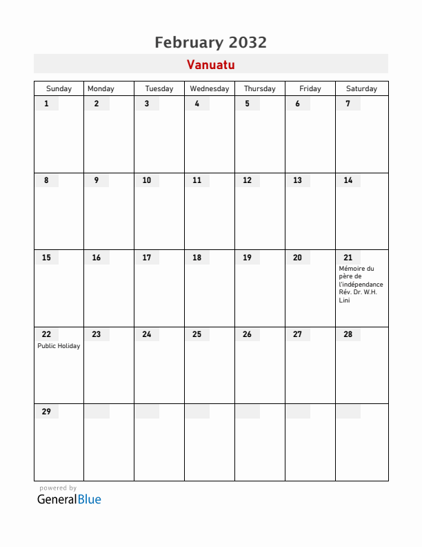 Vanuatu February 2032 Calendar with Holidays