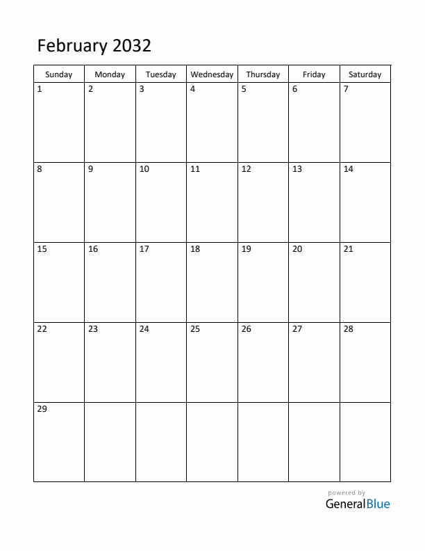 Sunday Start Calendar for February 2032