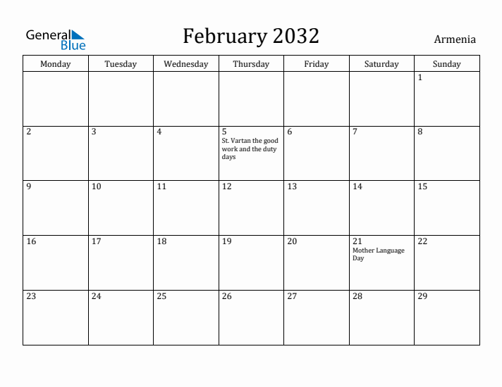 February 2032 Calendar Armenia