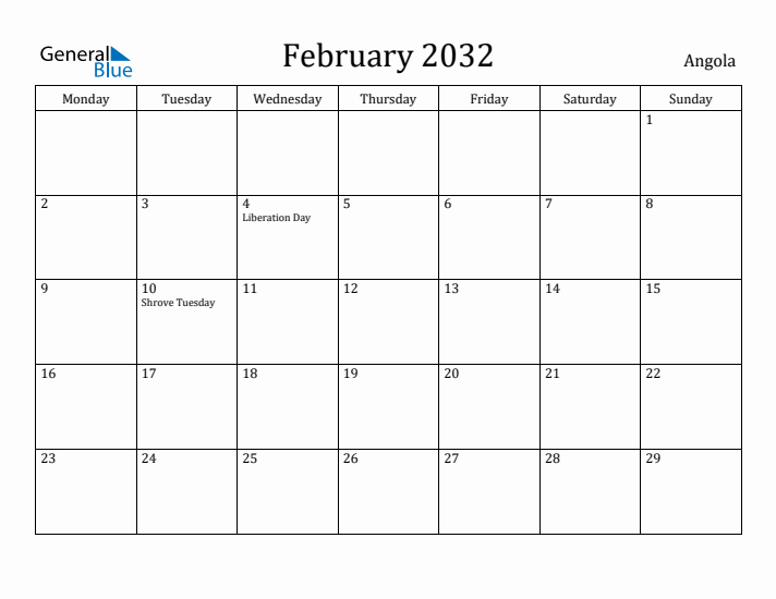 February 2032 Calendar Angola