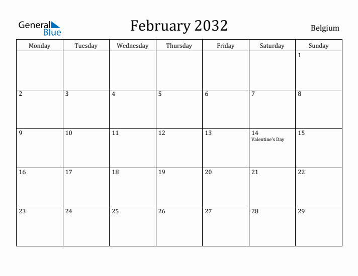 February 2032 Calendar Belgium