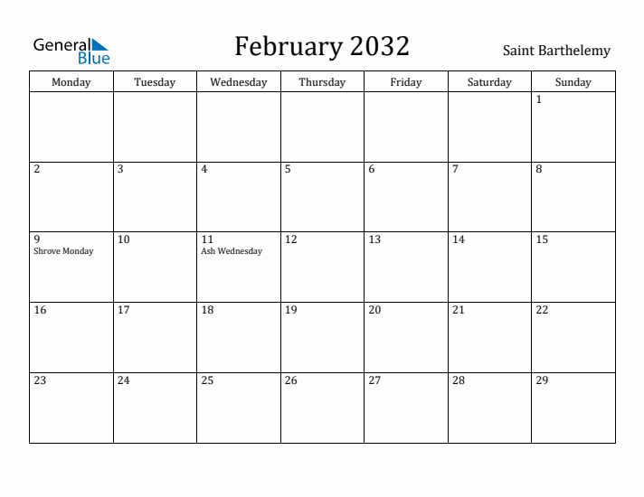 February 2032 Calendar Saint Barthelemy