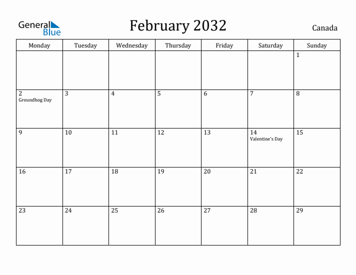 February 2032 Calendar Canada