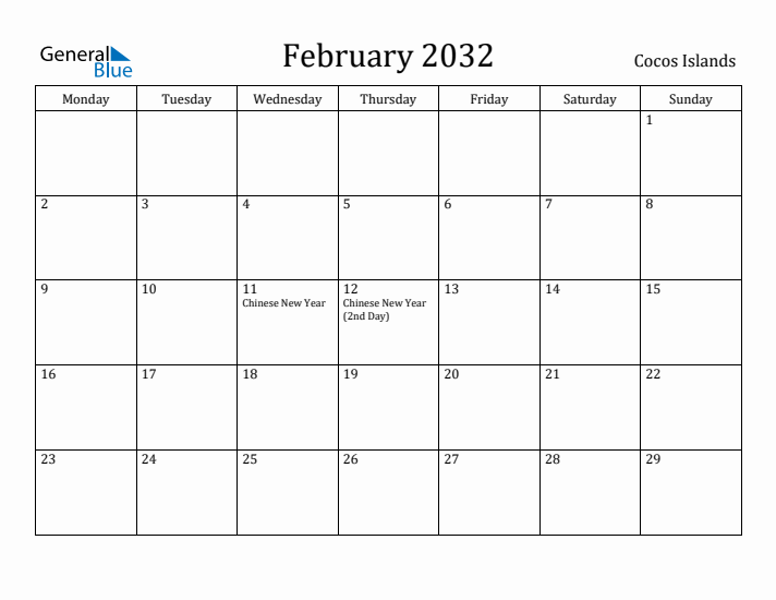 February 2032 Calendar Cocos Islands