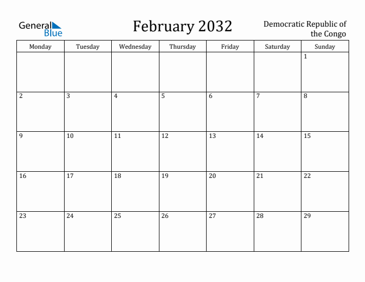 February 2032 Calendar Democratic Republic of the Congo