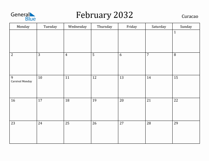 February 2032 Calendar Curacao