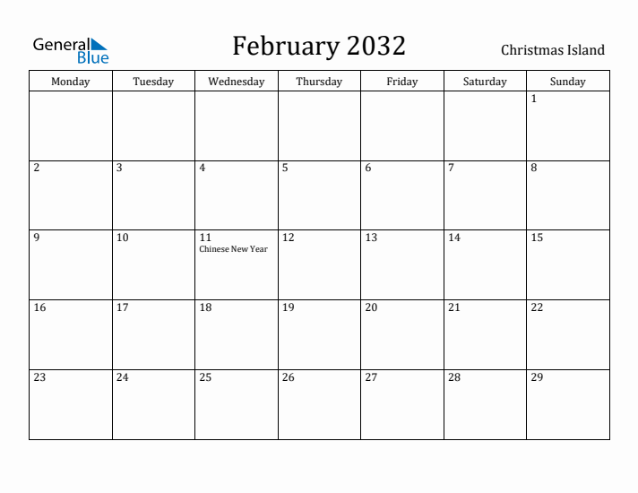 February 2032 Calendar Christmas Island