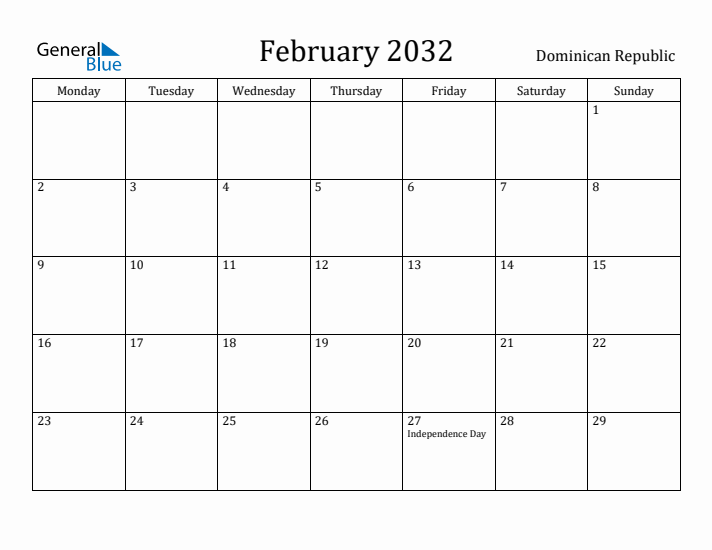 February 2032 Calendar Dominican Republic
