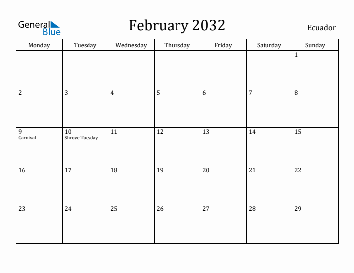 February 2032 Calendar Ecuador