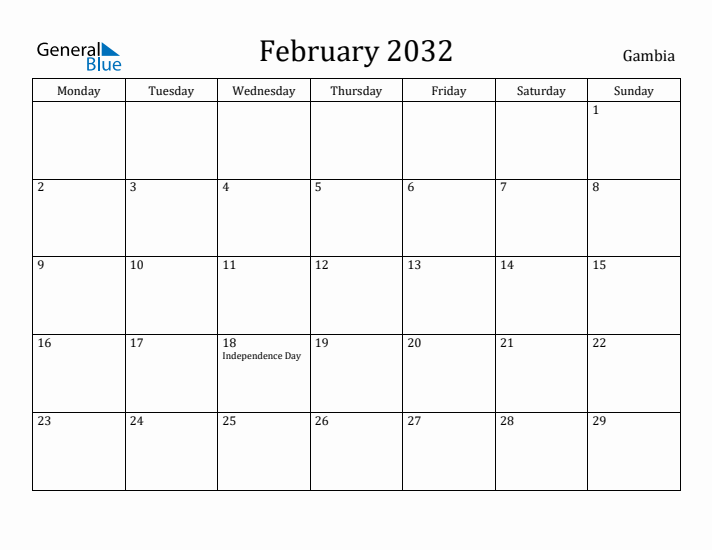 February 2032 Calendar Gambia