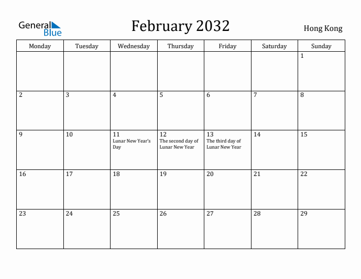 February 2032 Calendar Hong Kong