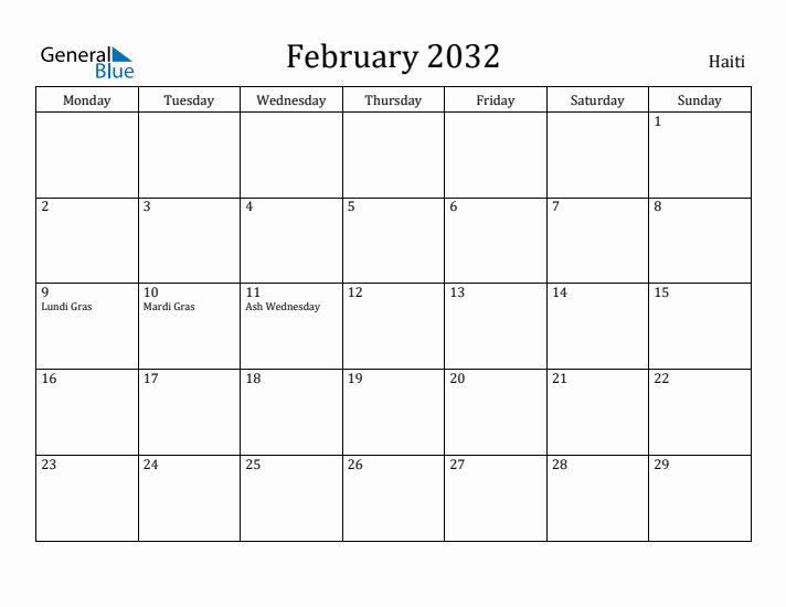 February 2032 Calendar Haiti