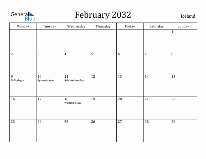 February 2032 Calendar Iceland