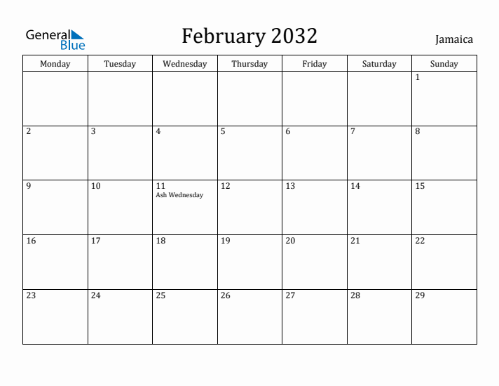 February 2032 Calendar Jamaica
