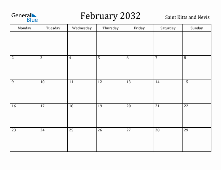 February 2032 Calendar Saint Kitts and Nevis