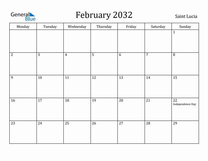 February 2032 Calendar Saint Lucia