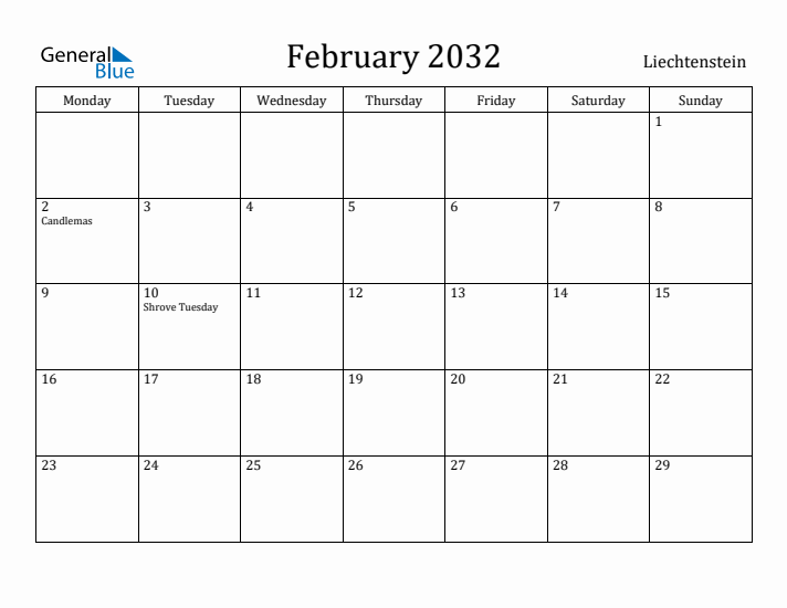 February 2032 Calendar Liechtenstein