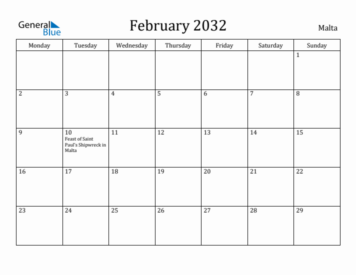 February 2032 Calendar Malta