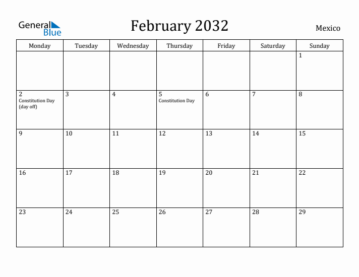 February 2032 Calendar Mexico