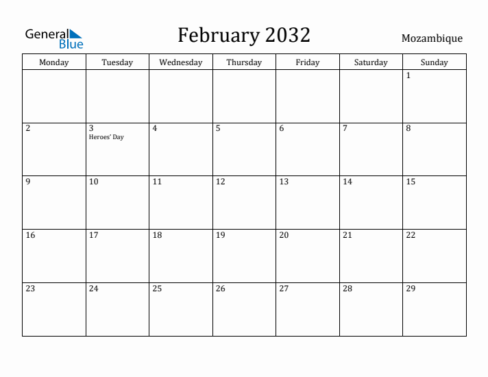 February 2032 Calendar Mozambique