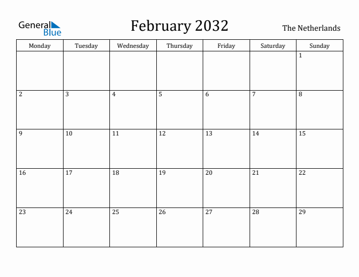 February 2032 Calendar The Netherlands