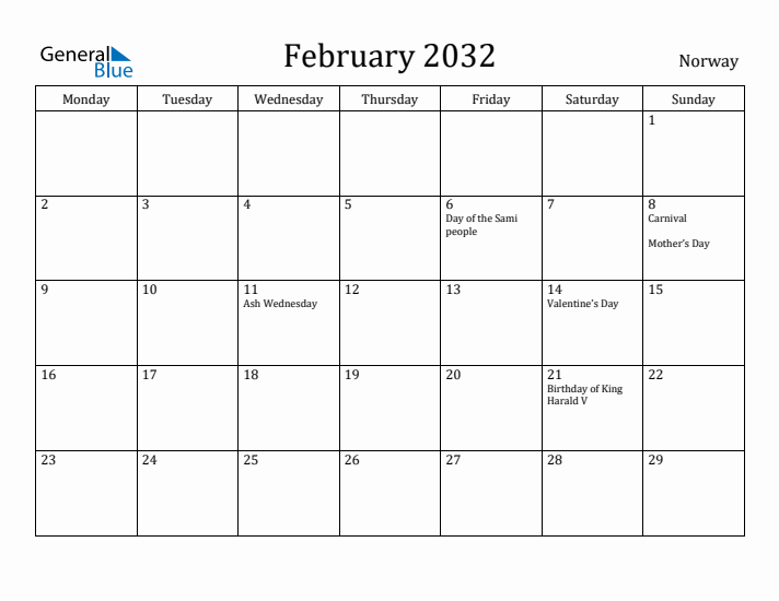 February 2032 Calendar Norway