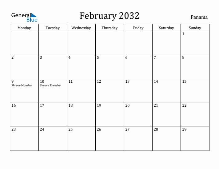 February 2032 Calendar Panama