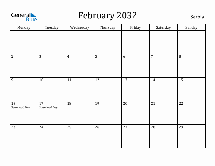 February 2032 Calendar Serbia
