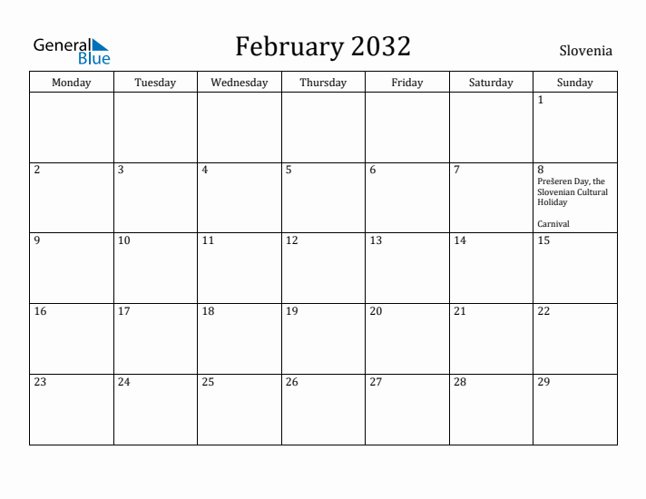 February 2032 Calendar Slovenia