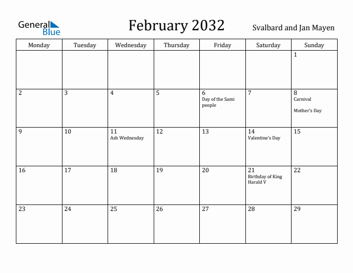 February 2032 Calendar Svalbard and Jan Mayen