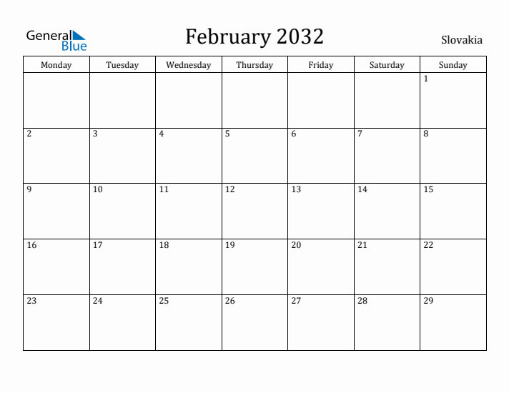 February 2032 Calendar Slovakia