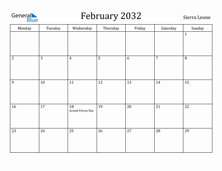 February 2032 Calendar Sierra Leone
