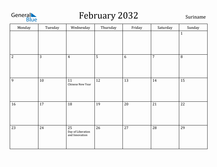February 2032 Calendar Suriname