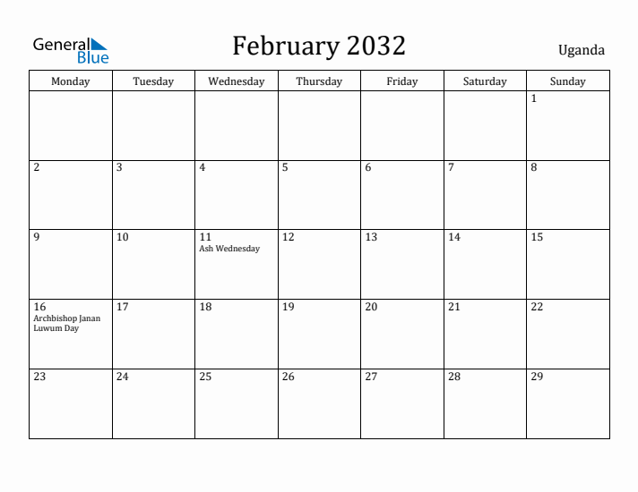 February 2032 Calendar Uganda