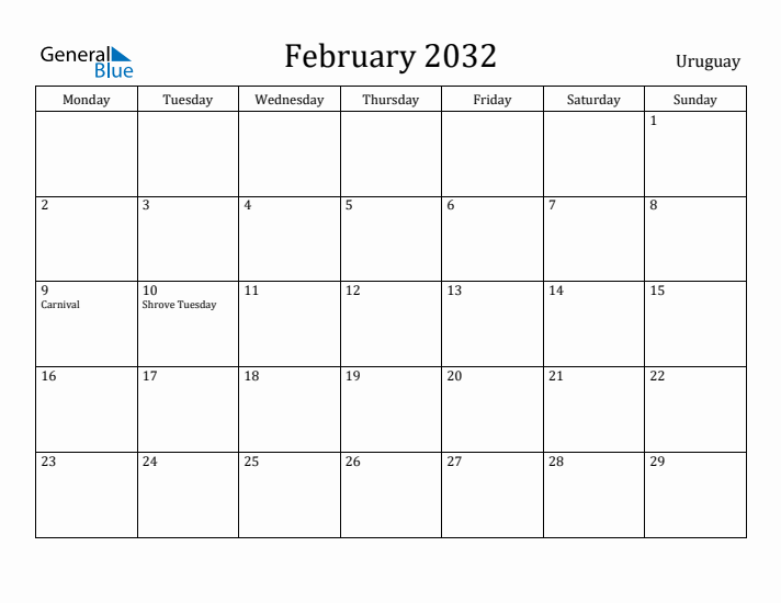 February 2032 Calendar Uruguay