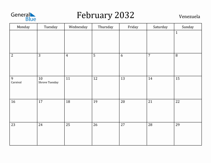 February 2032 Calendar Venezuela