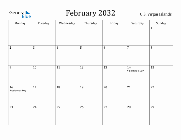 February 2032 Calendar U.S. Virgin Islands