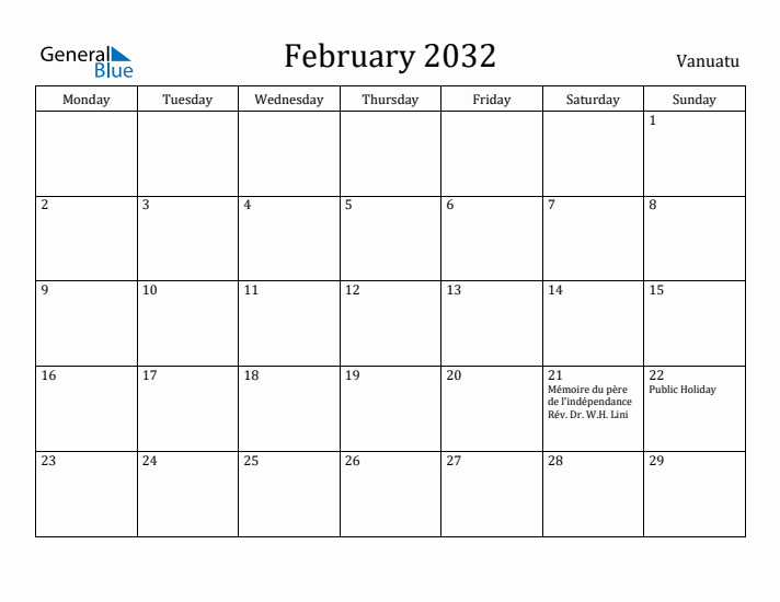 February 2032 Calendar Vanuatu