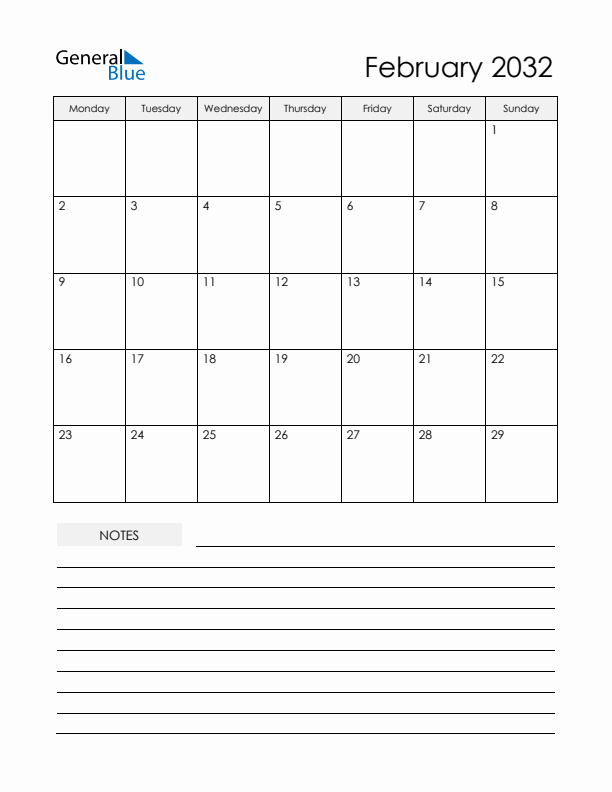 Printable Calendar with Notes - February 2032 