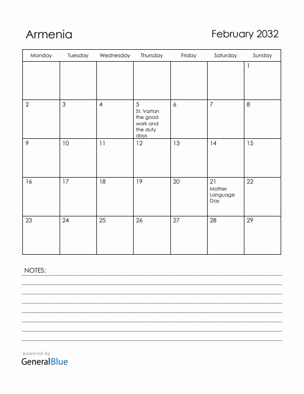 February 2032 Armenia Calendar with Holidays (Monday Start)