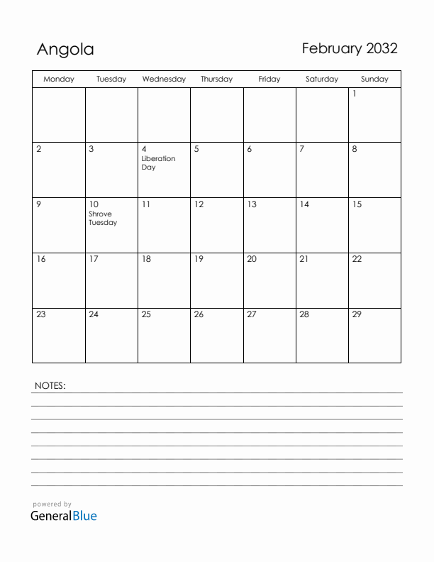 February 2032 Angola Calendar with Holidays (Monday Start)