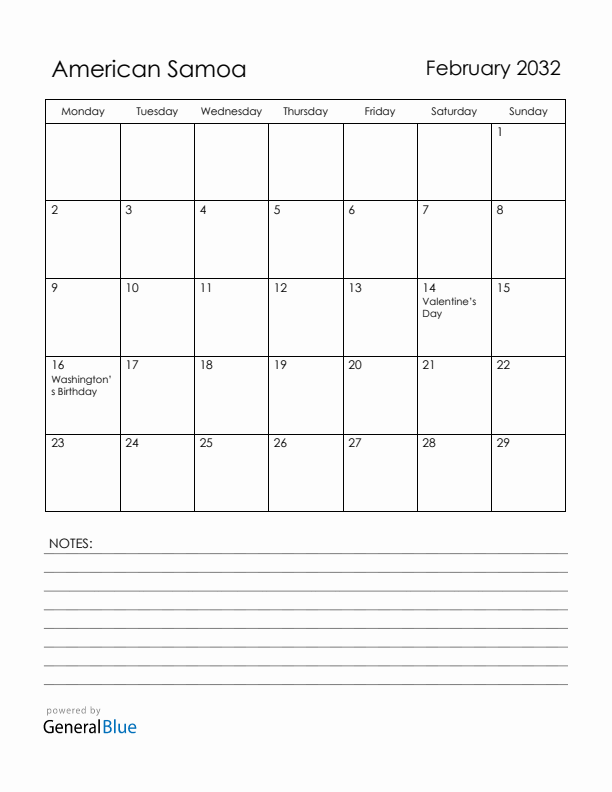 February 2032 American Samoa Calendar with Holidays (Monday Start)